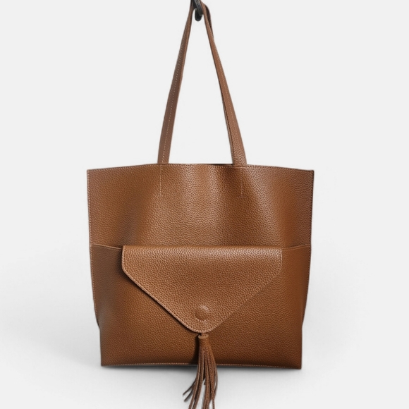 Handbags - Vegan Pebble Leather Tote Bag Tassel Detail Brown Tan New Without Tags